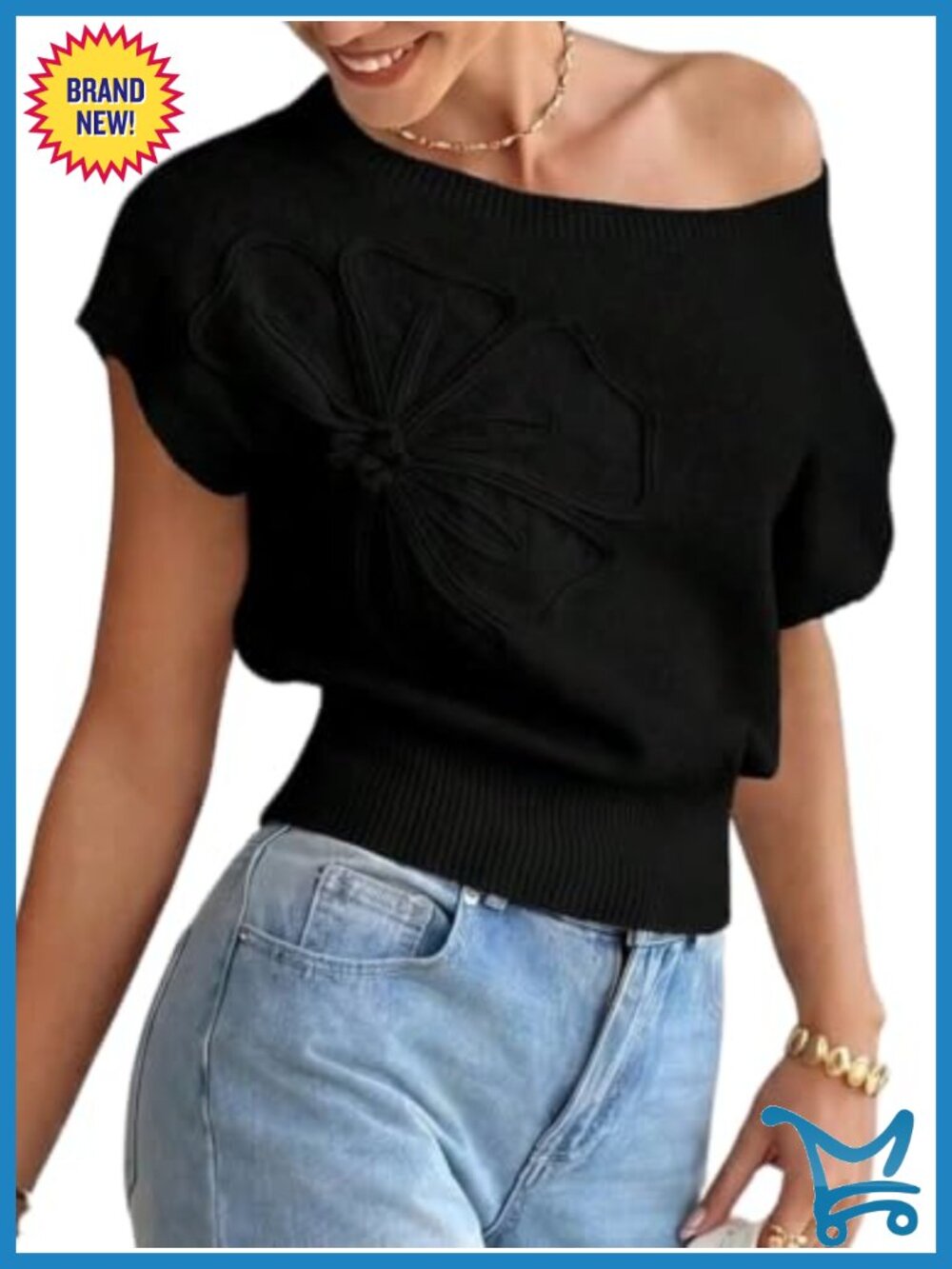 Women's Off Shoulder Floral Cap Sleeve Sweater Lightweight Knit Pullover Top